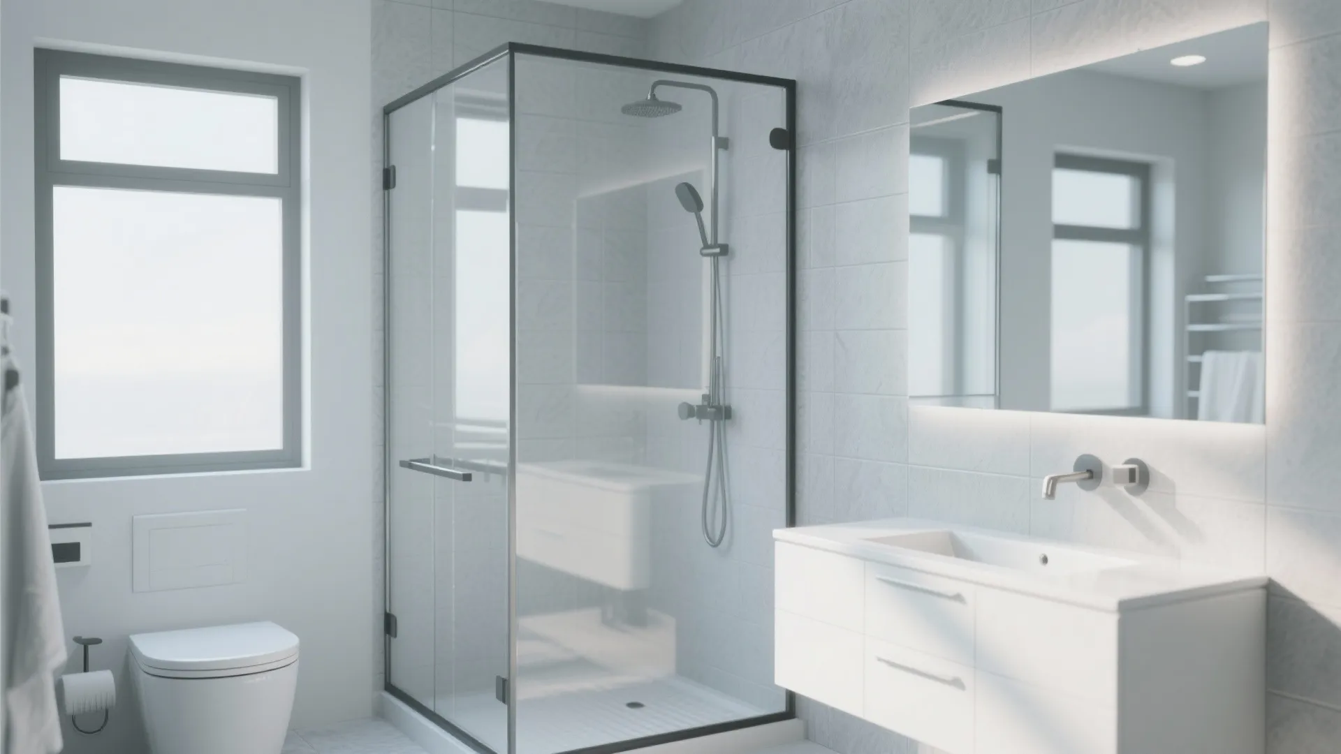 Bright modern bathroom featuring glass shower box and white cabinet with mirror and white toilet