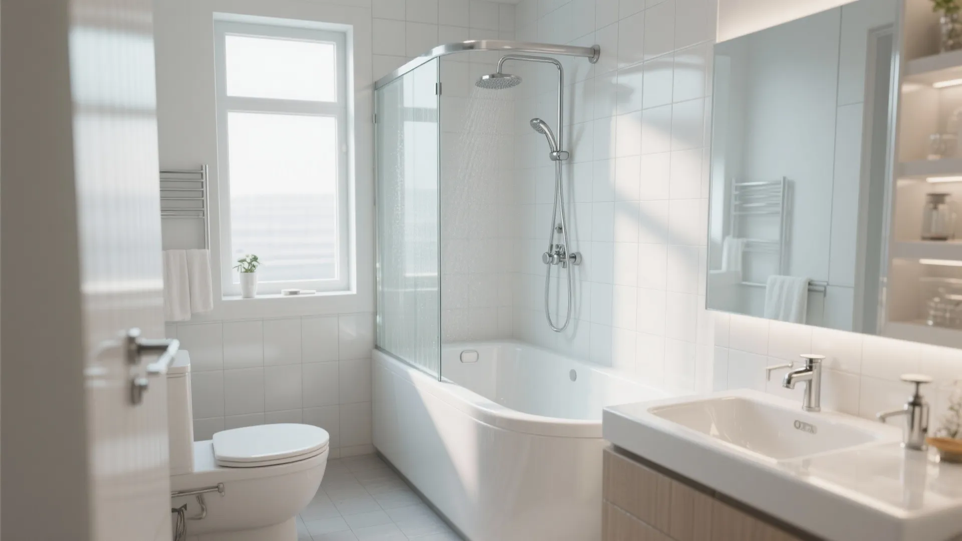 Modern white bathroom with glass shower screen bathtub toilet sink mirror and bright window light