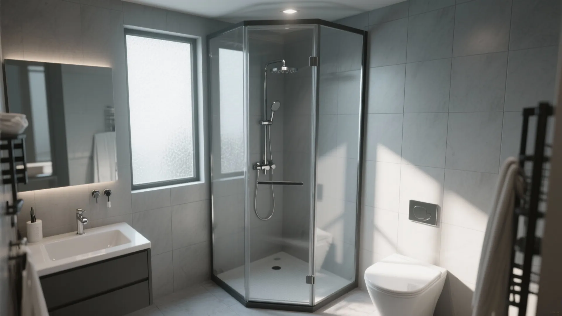 Small modern bathroom with glass corner shower unit vanity sink mirror and white toilet fixture