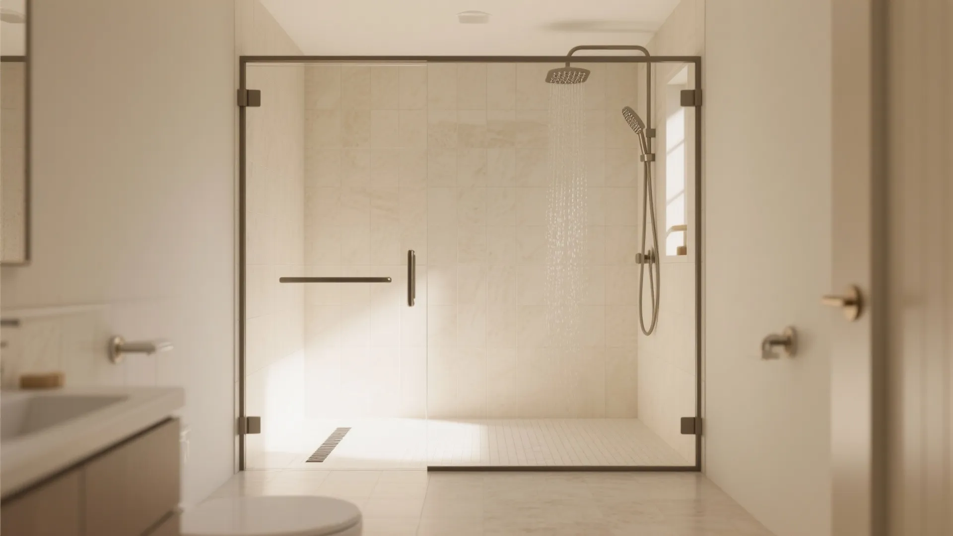 Walk-in shower with a fixed glass panel and linear drain in a compact bathroom.