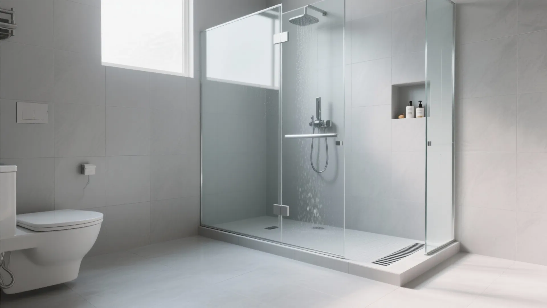 Bright white bathroom interior with glass shower enclosure next to toilet and white wall tiles