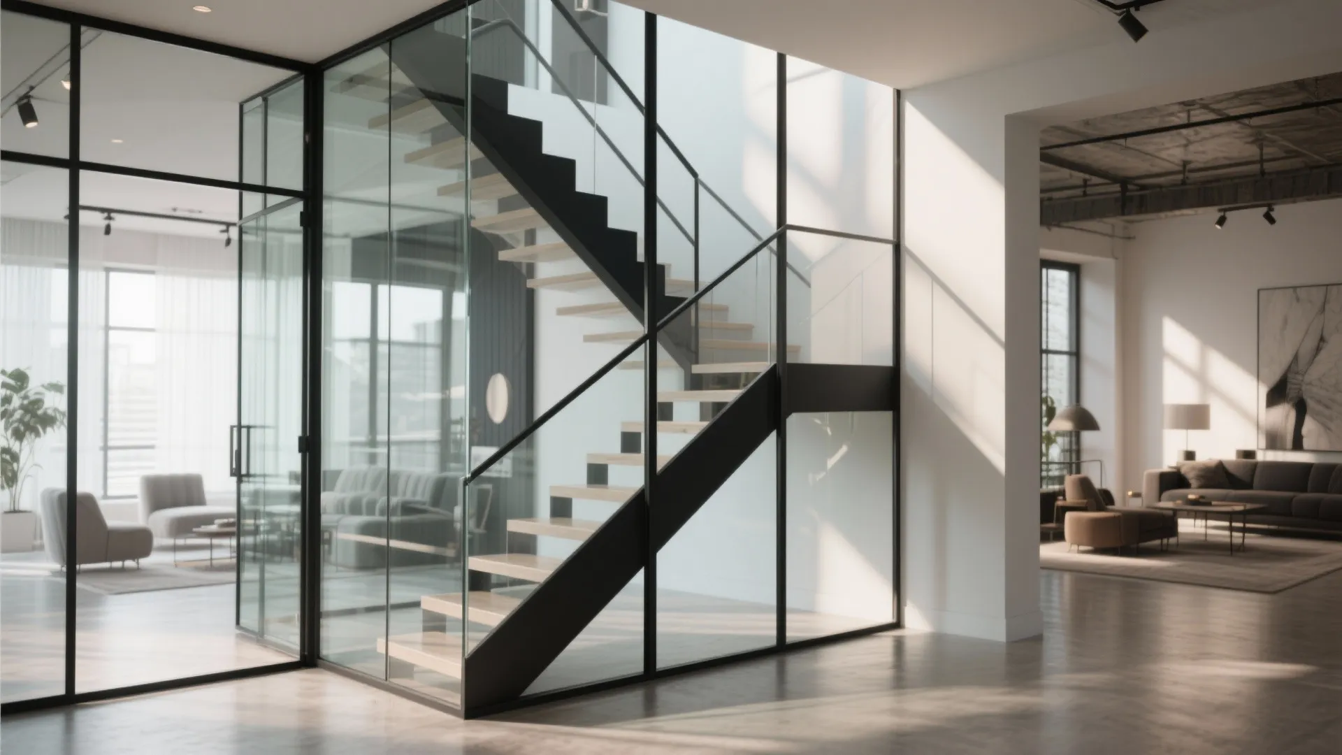 Modern minimalist staircase with black metal frame and wooden steps enclosed by clear glass panels