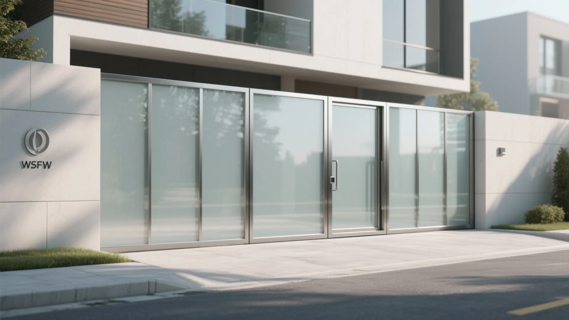 Glass panel wall with stainless steel gate