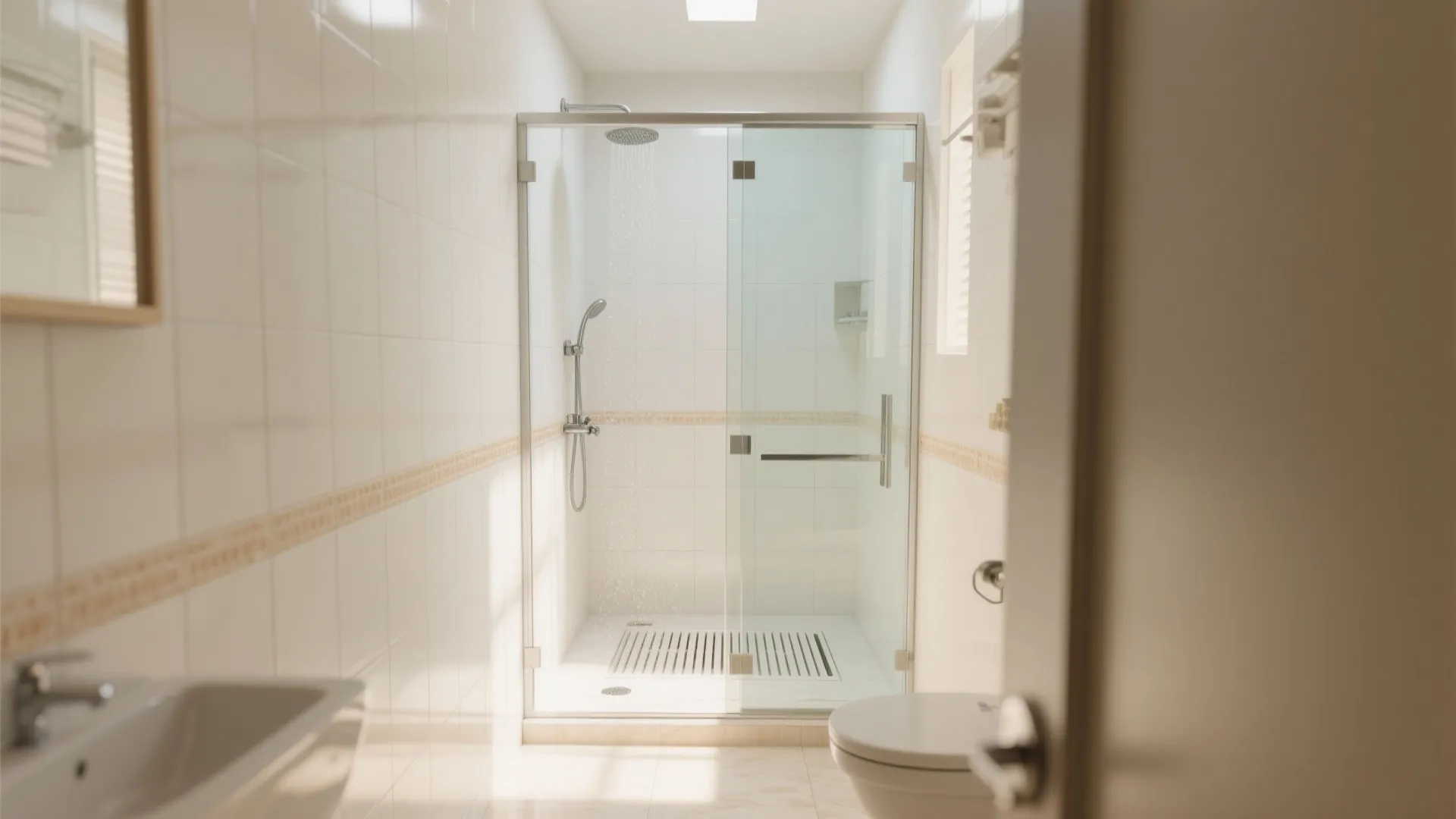 Clear glass partition with light-reflecting tiles