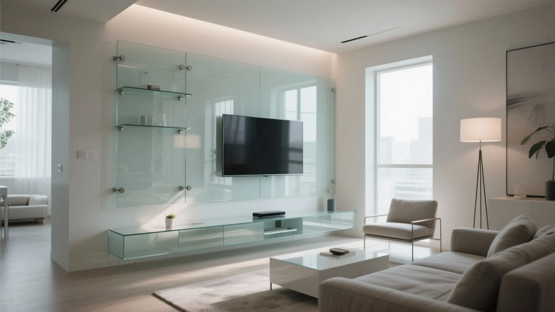 Frameless glass panel backdrop