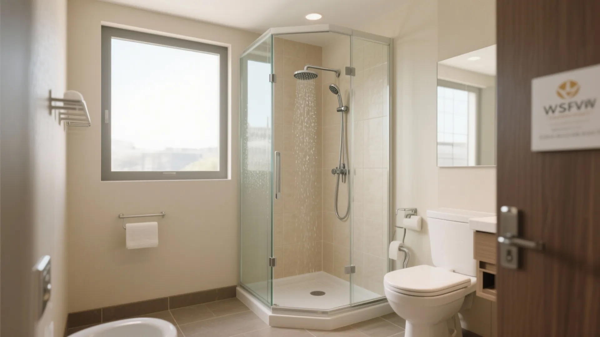 Small bathroom with a corner glass shower stall, white toilet, large window, and beige wall