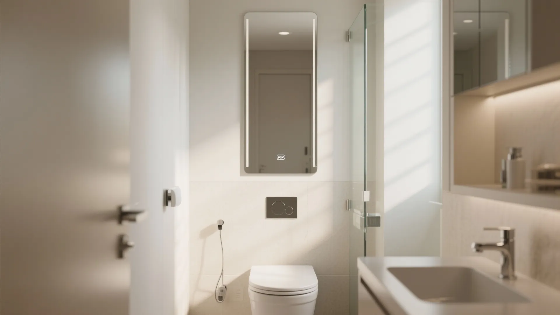 Glass or mirrored panel behind the commode