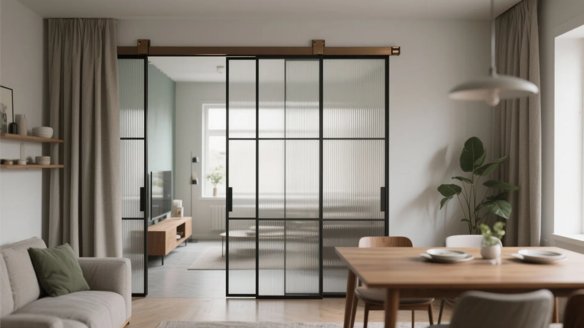 Modern living room layout featuring black frame sliding glass doors green plant and wooden dining table