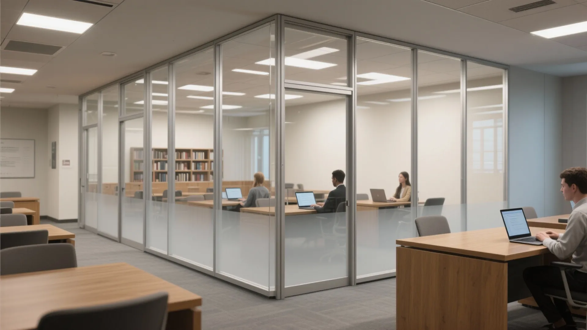 Transparent glass partitions for quiet visibility