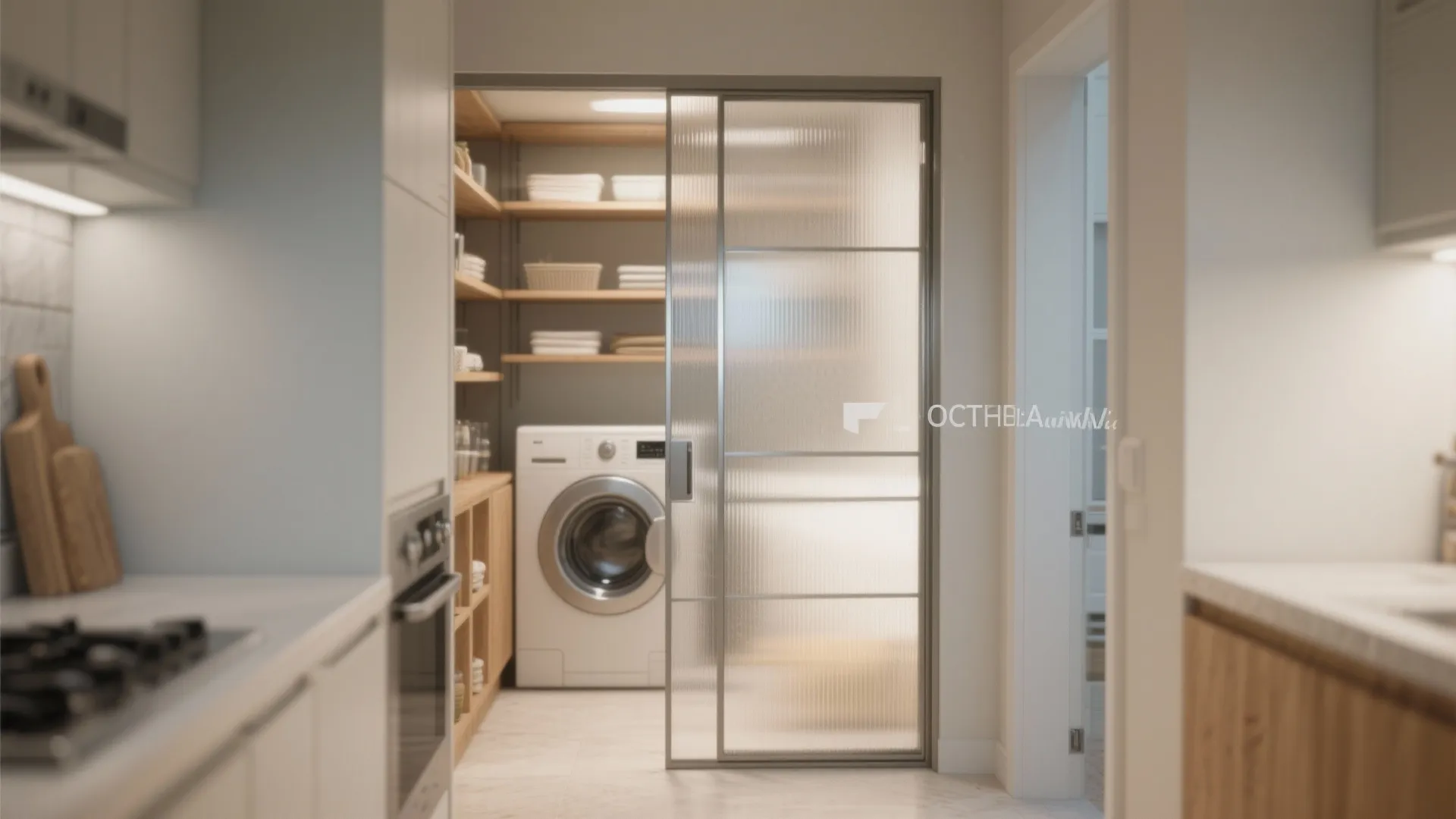 Modern laundry room with washing machine wooden shelves and a frosted glass sliding door layout