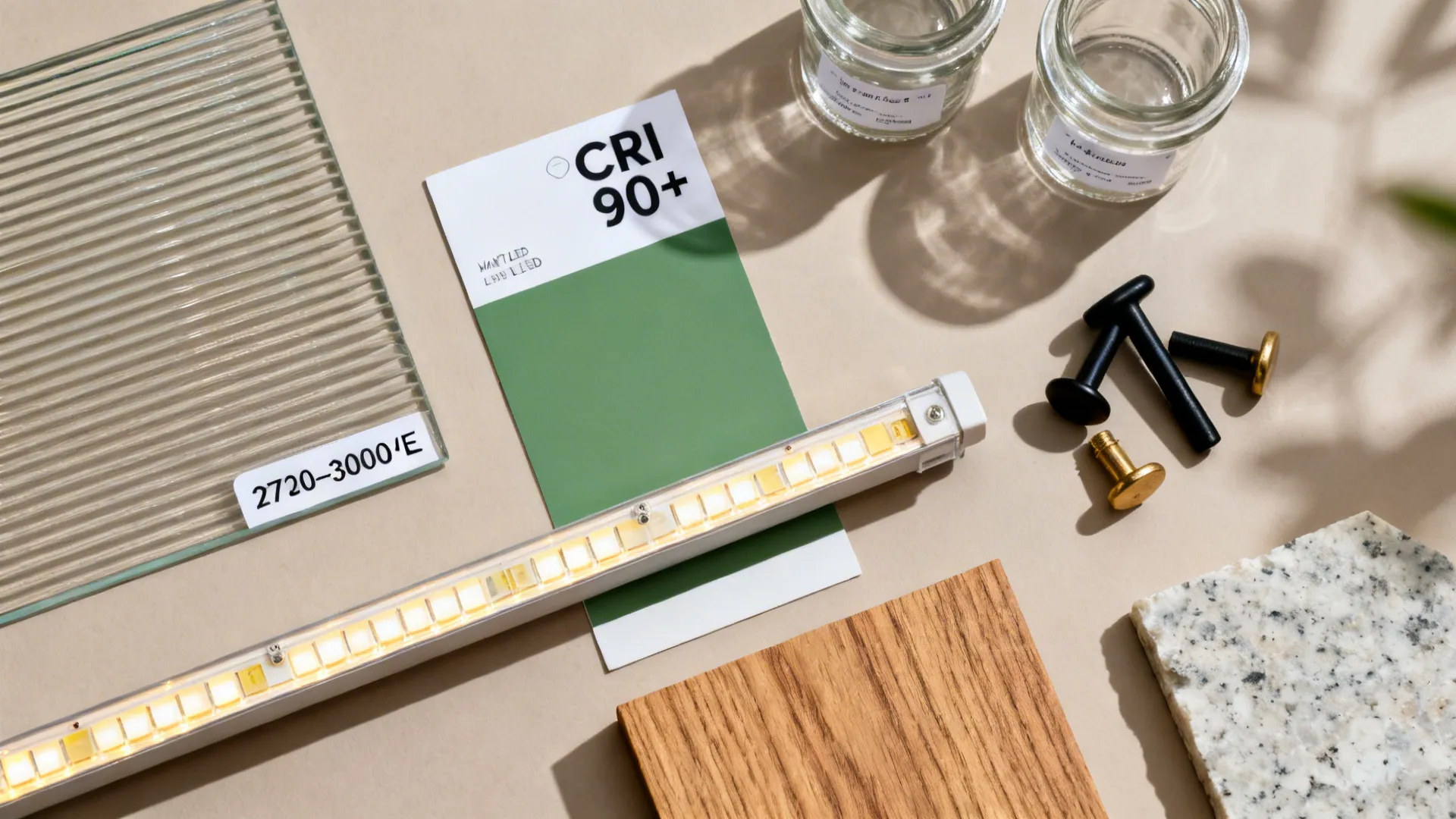 Design material samples featuring glass wood stone green color card and a bright led light