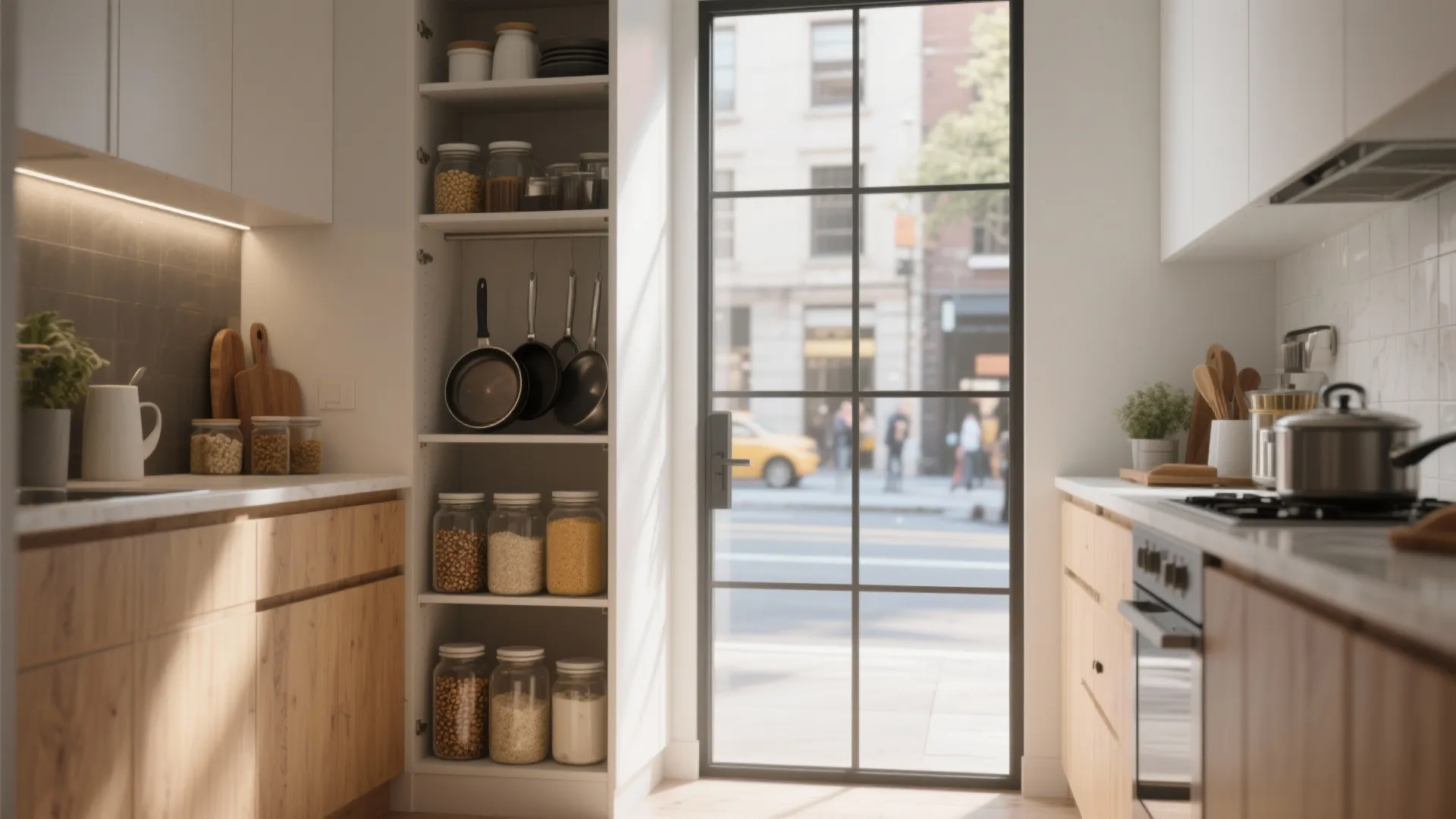 Modern kitchen with wooden cabinets glass door and open white shelving unit filled with jars