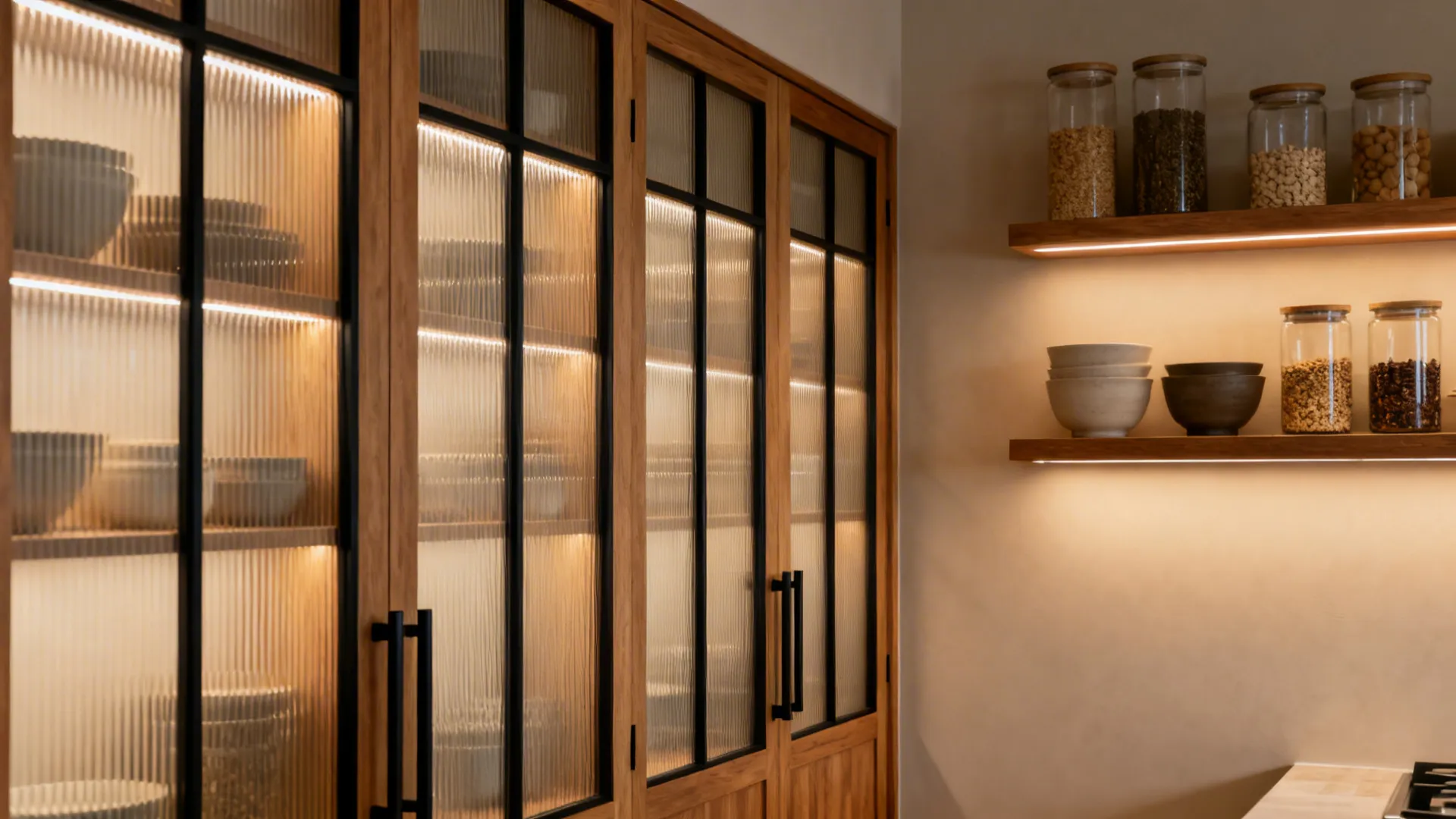 Glass-front pantry wall with backlighting