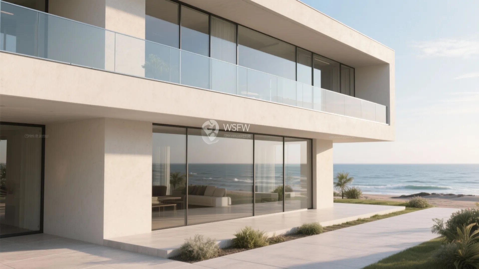Luxury modern beach house with large glass windows and a clear glass balcony railing view