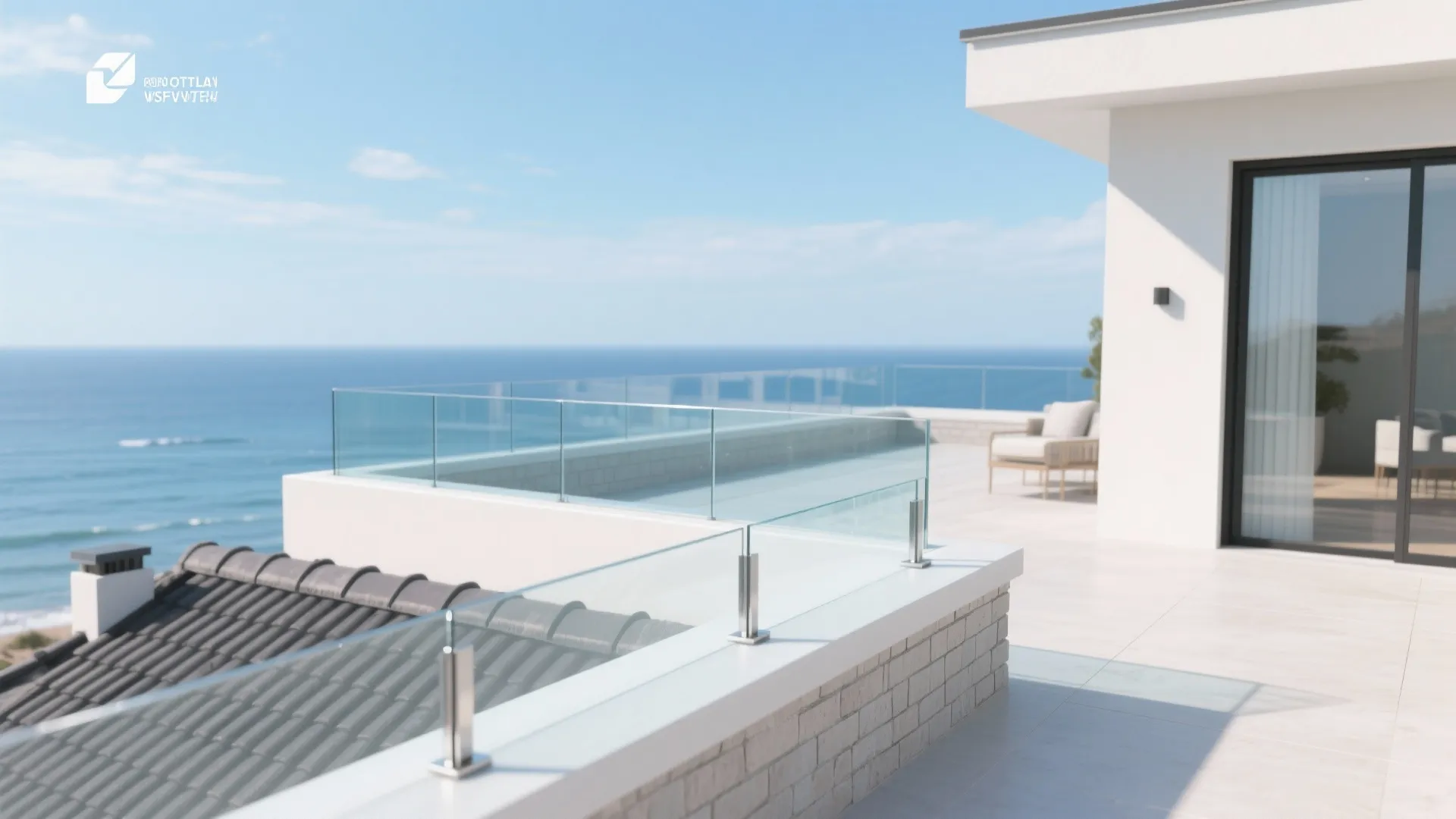 Modern terrace with clear glass railing overlooking the blue ocean under a bright sunny sky