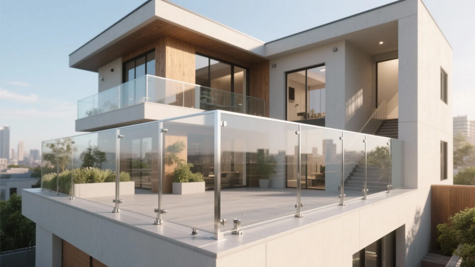 Glass parapet panels for transparency and light