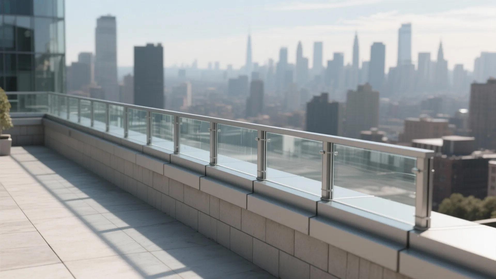 Parapet with laminated glass inset preserving skyline views and reducing wind.