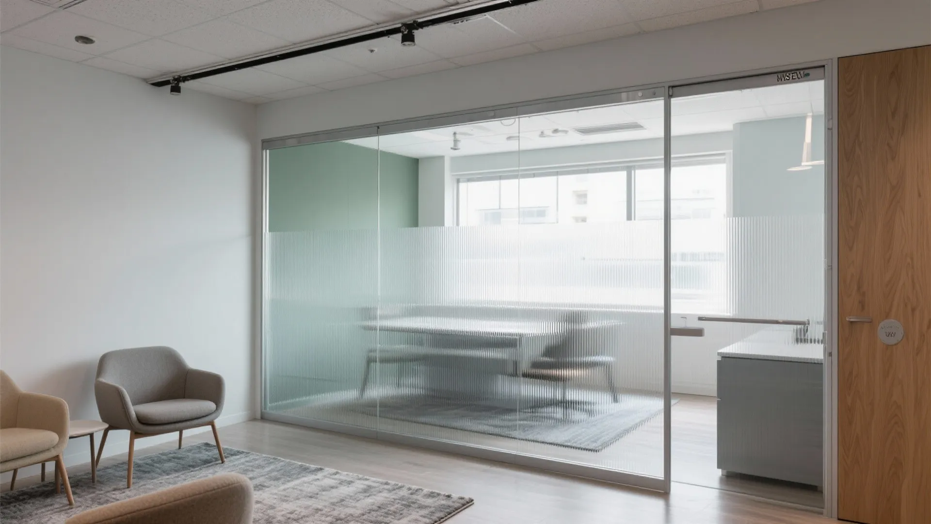 Office waiting area with grey chairs and frosted glass wall separating a bright meeting room area