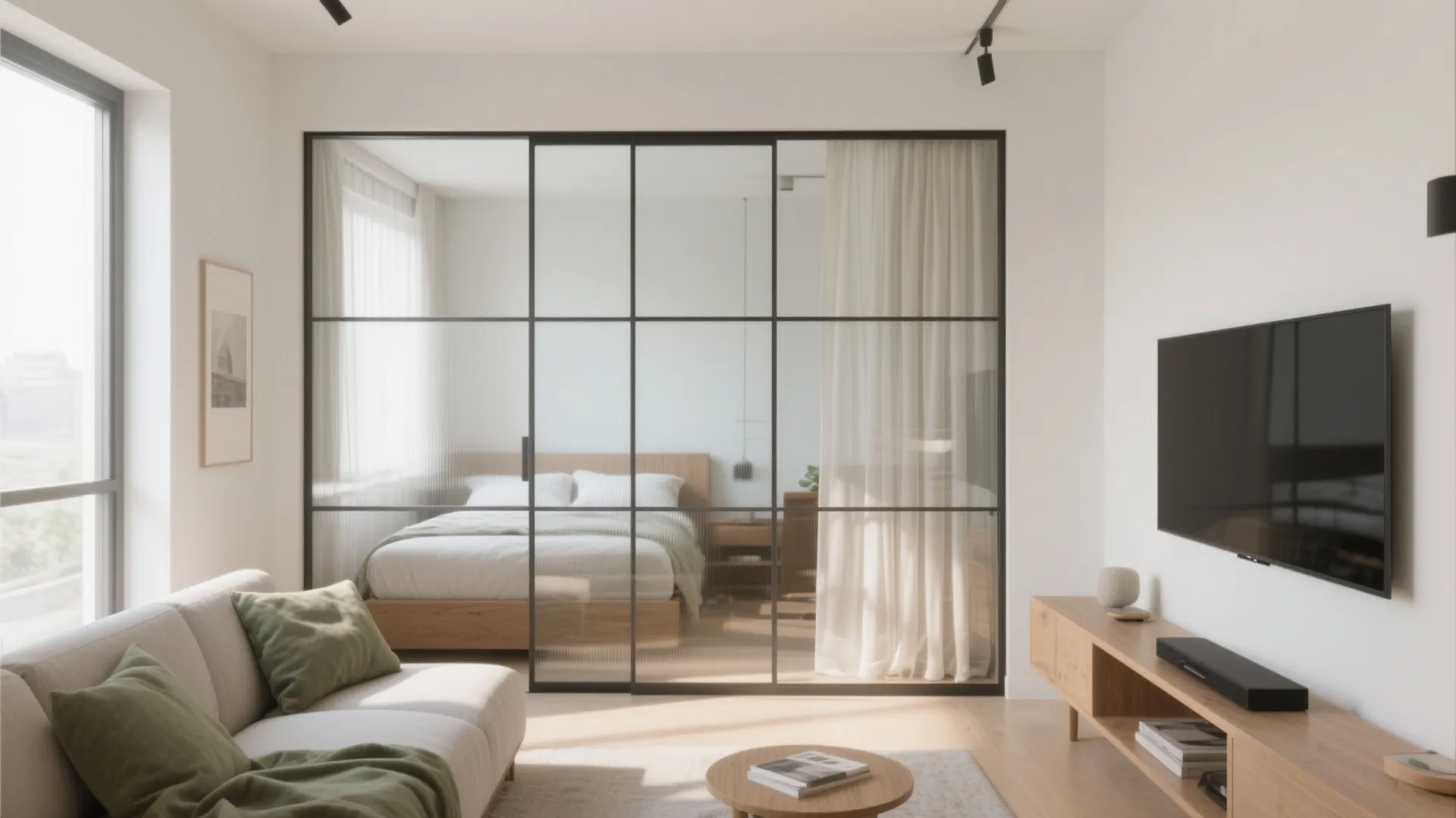 Living room with sofa and tv separated from bedroom by a black metal glass wall