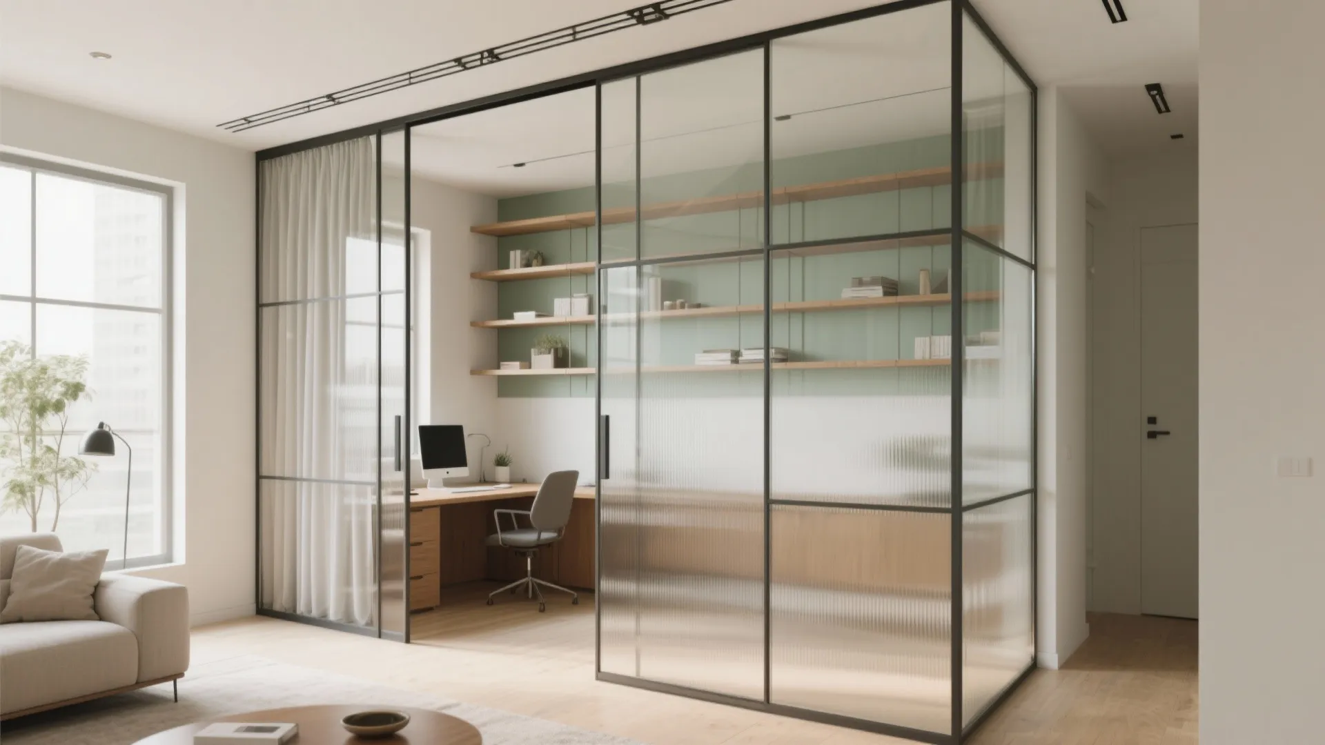 Glass wall partition separating a home office with desk shelves and chair from living area