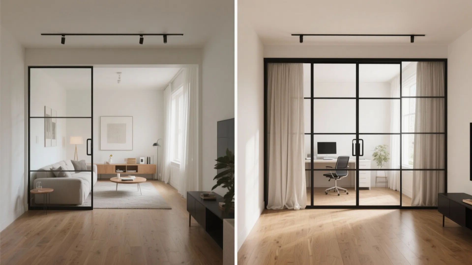 Before and after comparison showing living room layout versus a private home office with glass doors