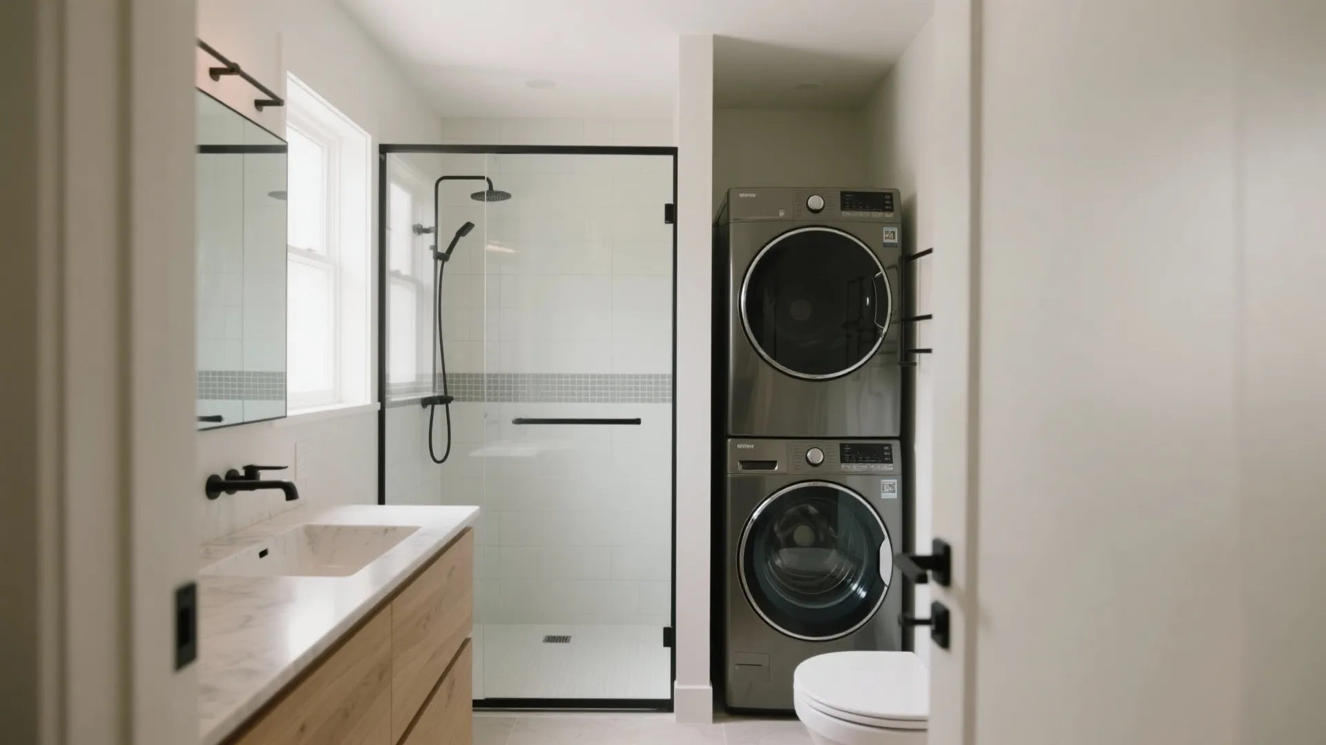Modern bathroom featuring glass shower door stacked washing machine dryer and wooden vanity with marble top