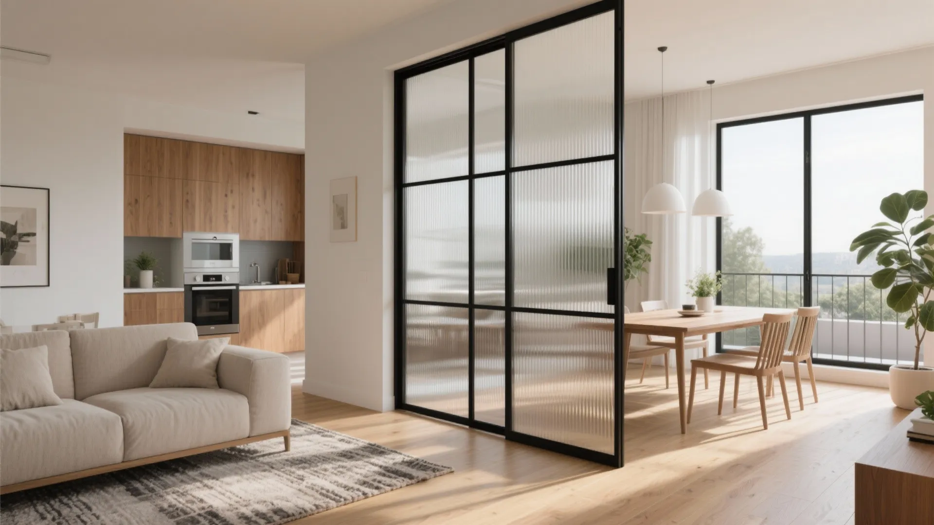 Glass partition for bright, breezy living–dining