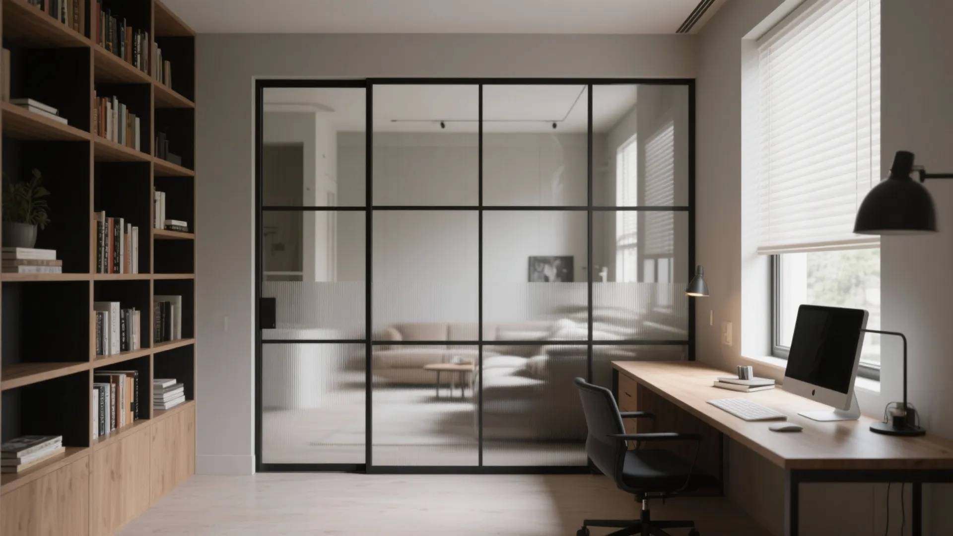 Modern study with wooden desk computer large bookshelf and glass wall showing the living room