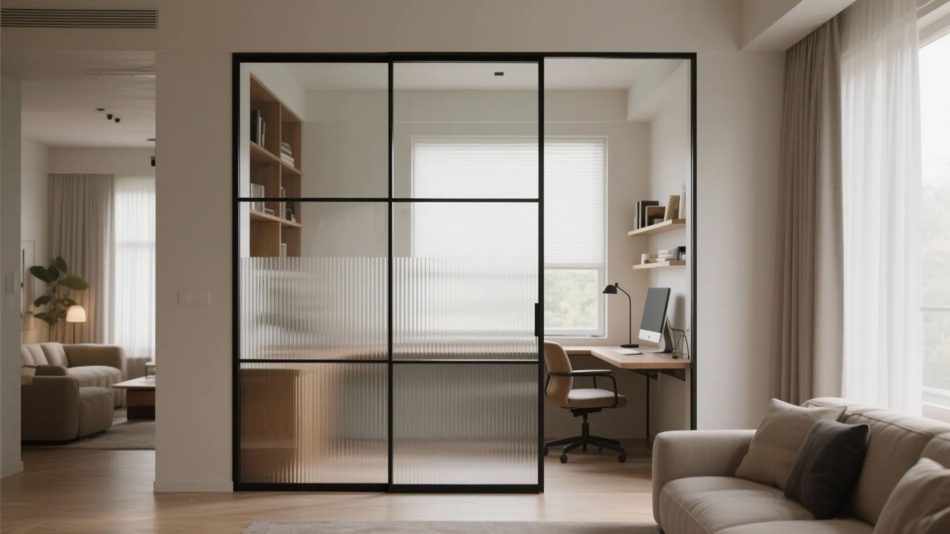 Glass partition for borrowed light and calm