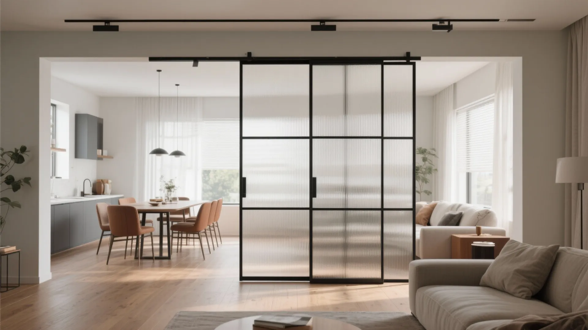 Slim-Framed Glass Partition for Flexible Openness