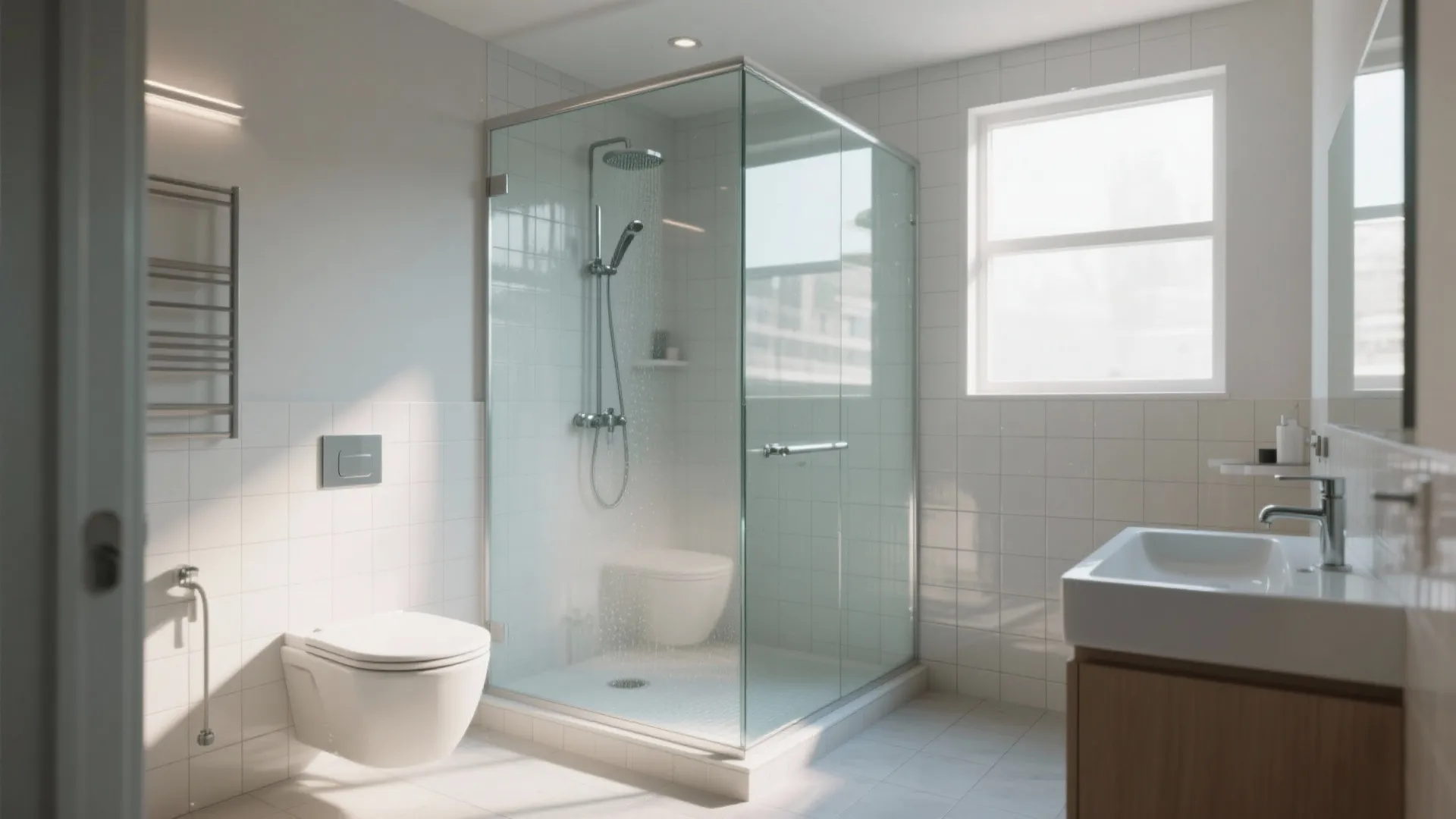 Modern white bathroom with glass shower cabin wall toilet sink wooden cabinet and bright window light