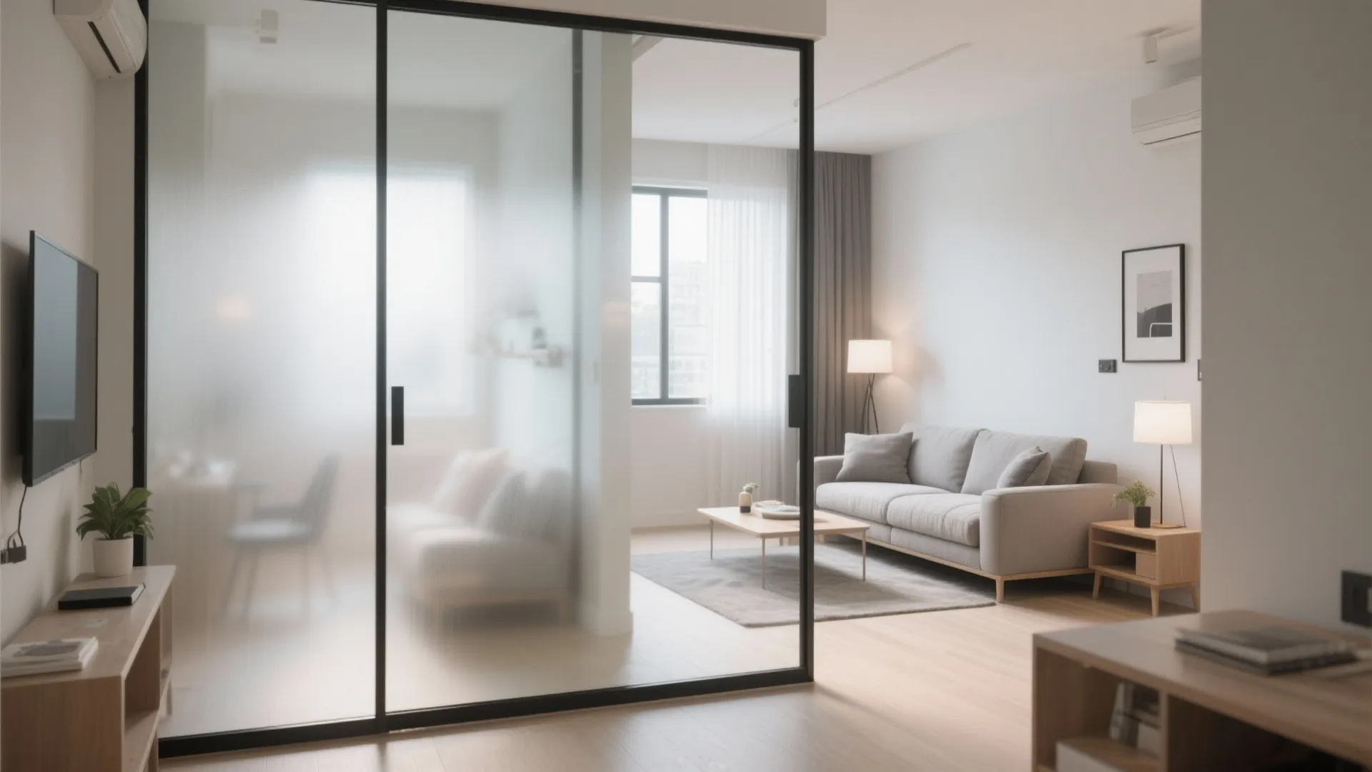 Modern living room featuring a frosted glass sliding door partition with grey sofa and wooden floors