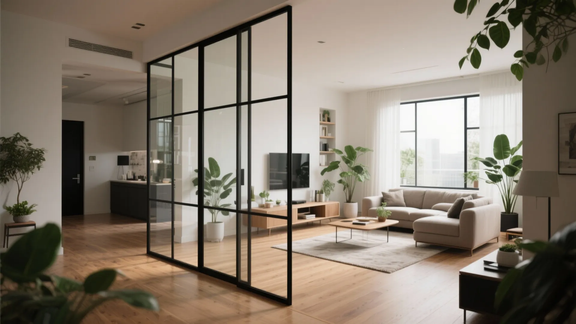Modern living room with black frame glass wall divider beige sofa wooden floor and green plants