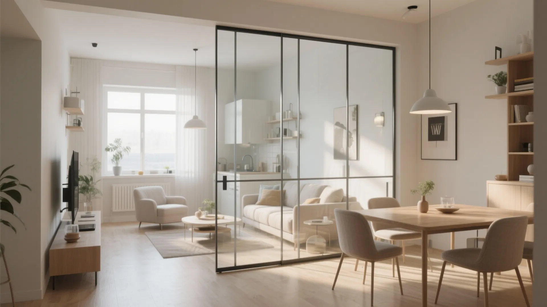 Small open living dining with clear glass screen divider