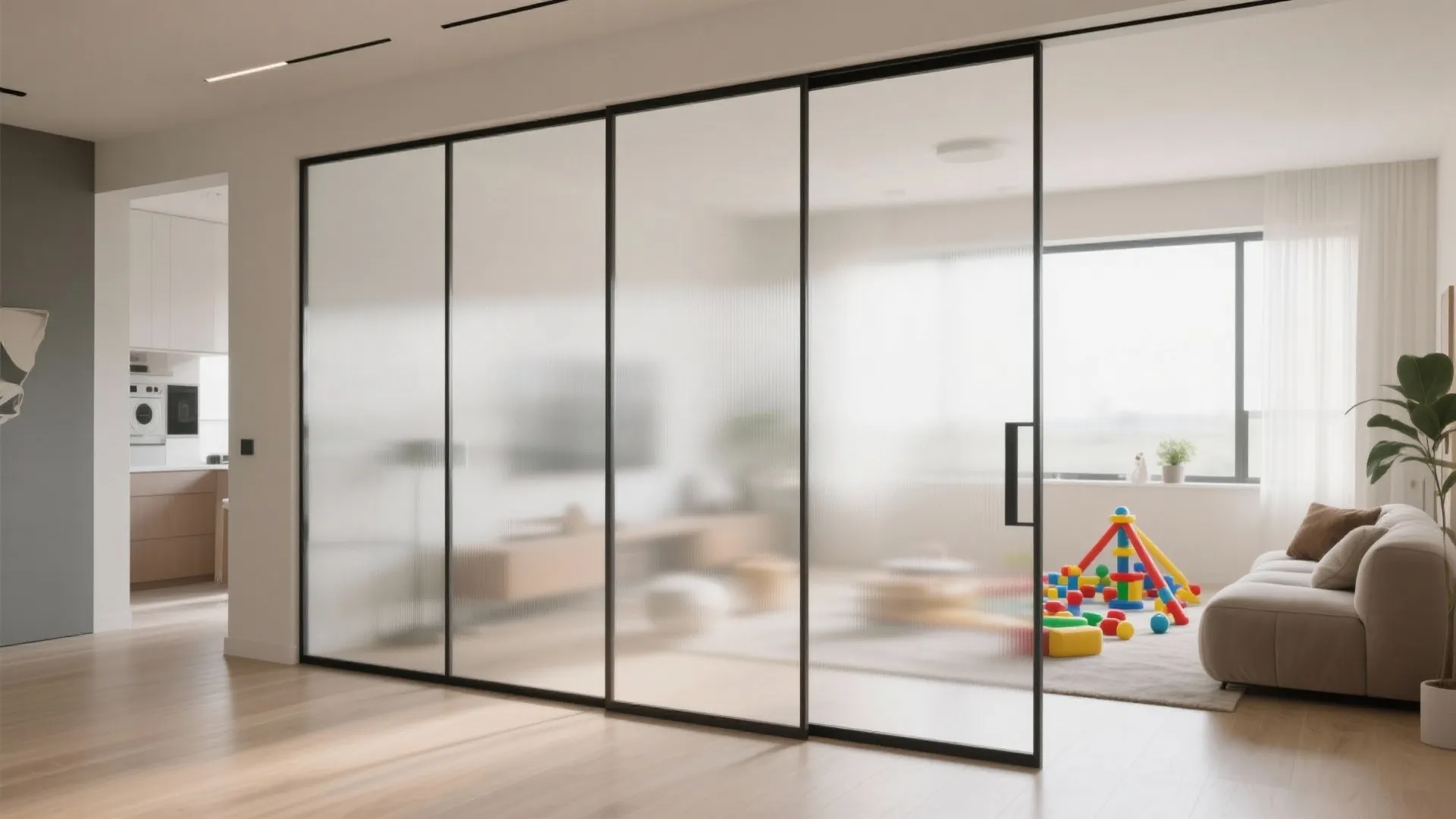Glass partition separating play area from seating
