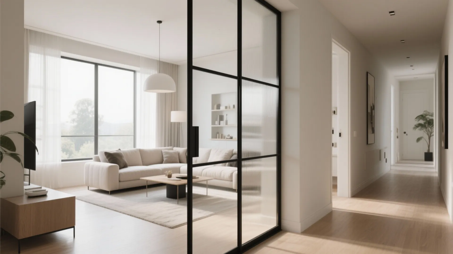 Modern living room with glass door divider white sofa ceiling light and bright hallway view
