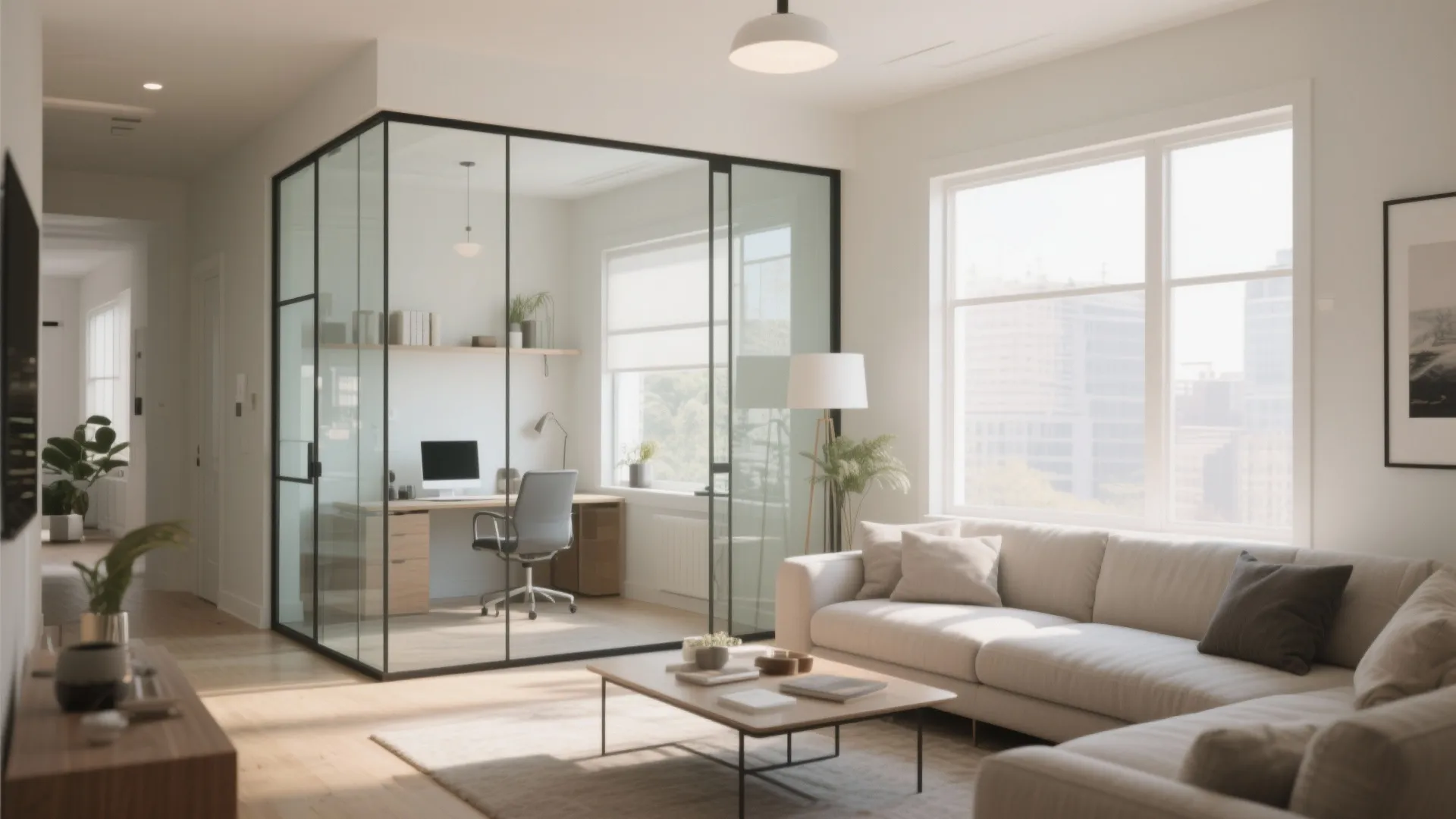 Modern living room featuring a glass wall office space with desk chair and natural light