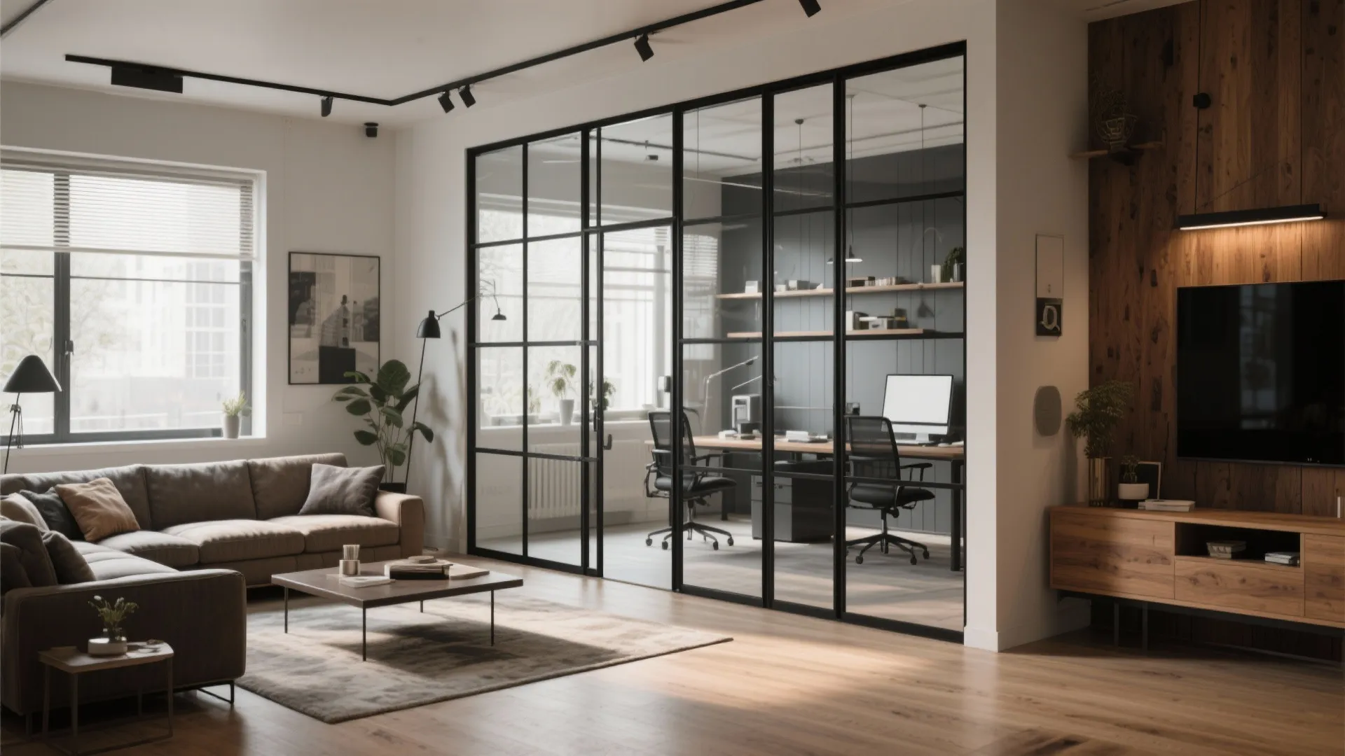 Industrial living room with a black framed glass wall separating the sofa and home office