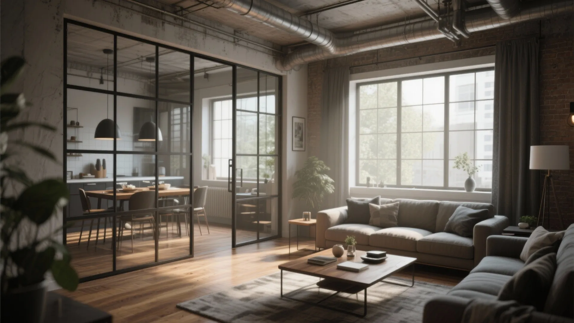 Industrial living room with glass wall partition separating the kitchen area and grey fabric sofa