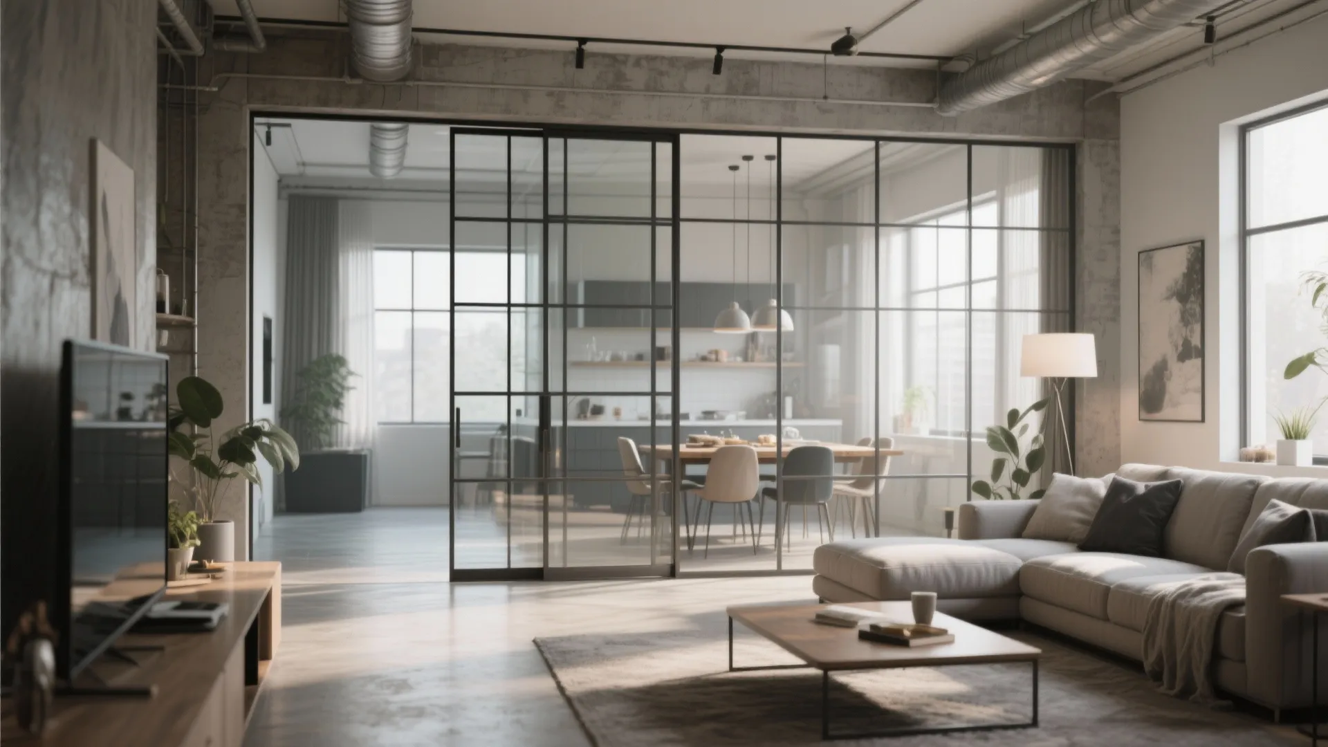 Industrial loft living room with glass partition wall sofa coffee table and open kitchen view