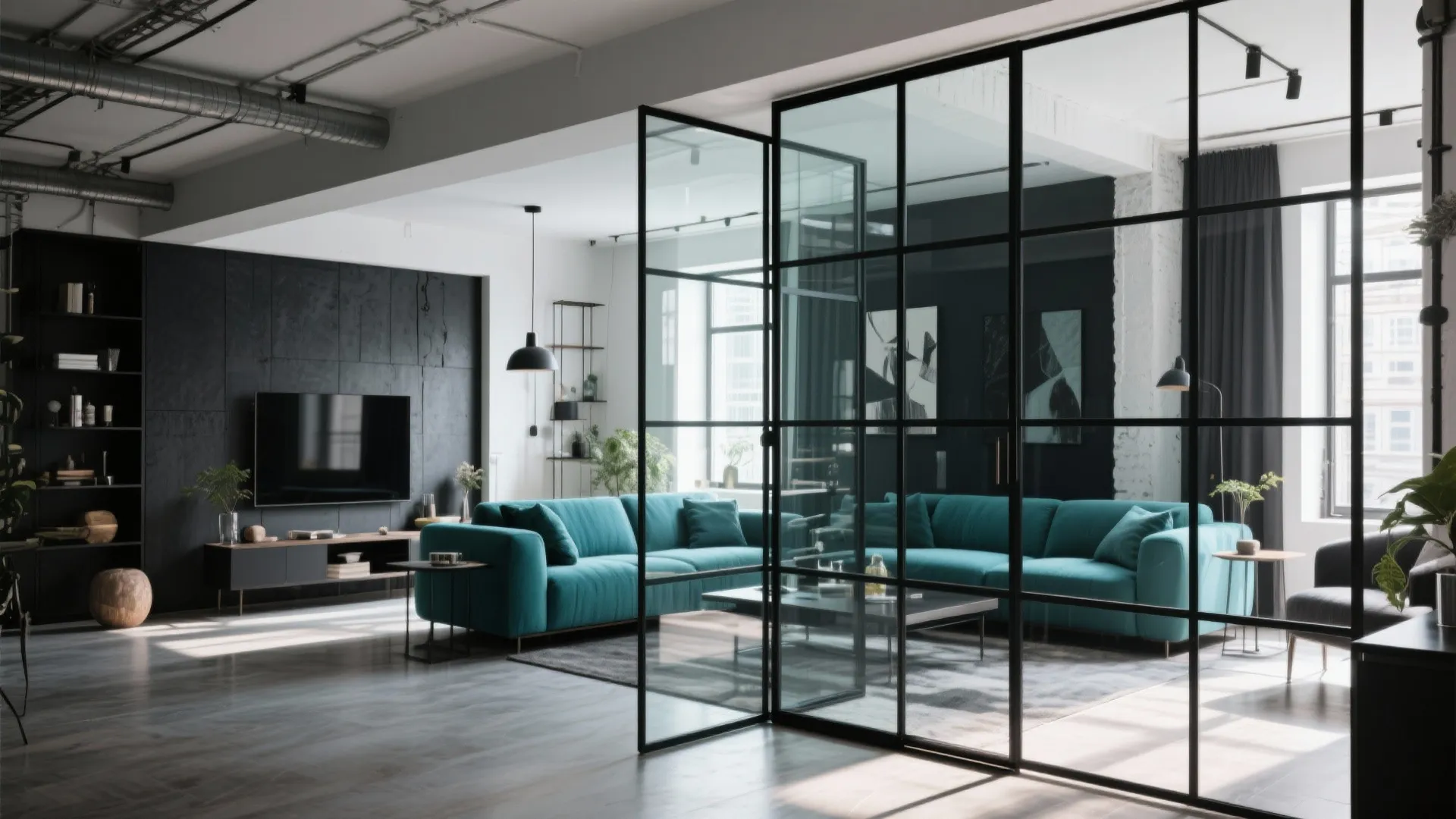 Modern industrial living room with black framed glass partition wall teal sofa and ceiling light