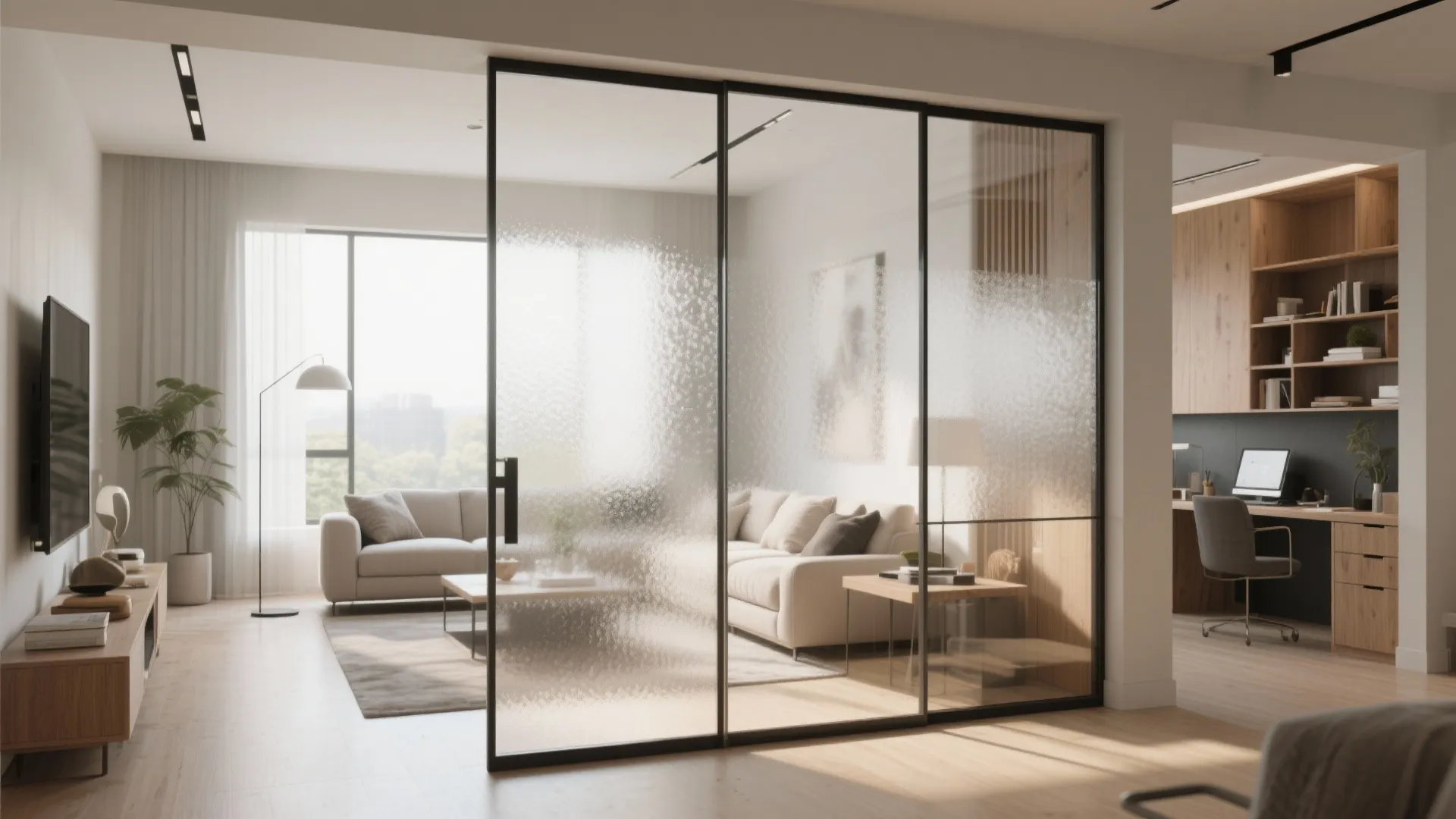 Modern home interior with black glass sliding door separating the living room and home office