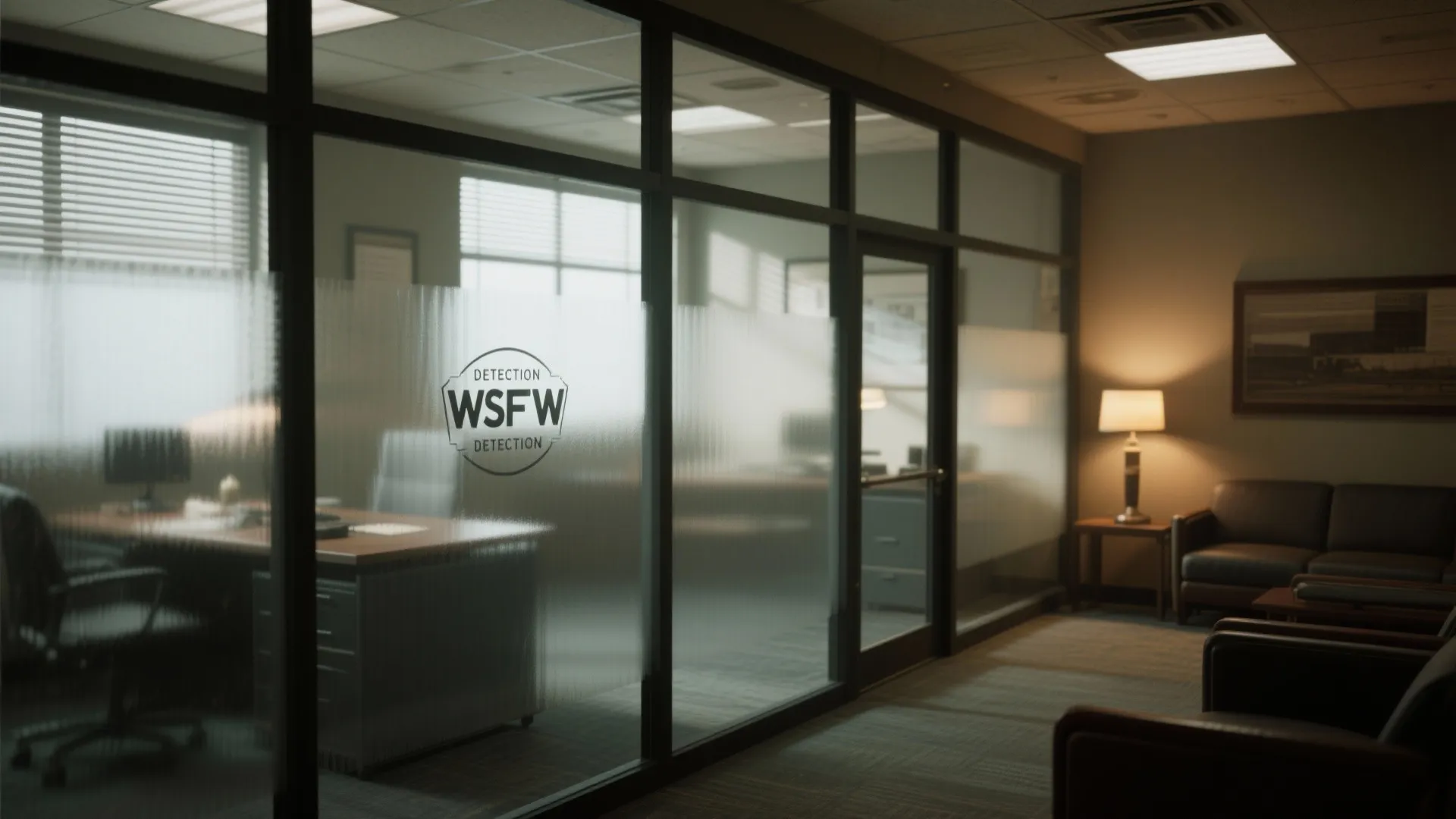Modern office interior featuring glass wall partitions a private desk area and comfortable sofa seating