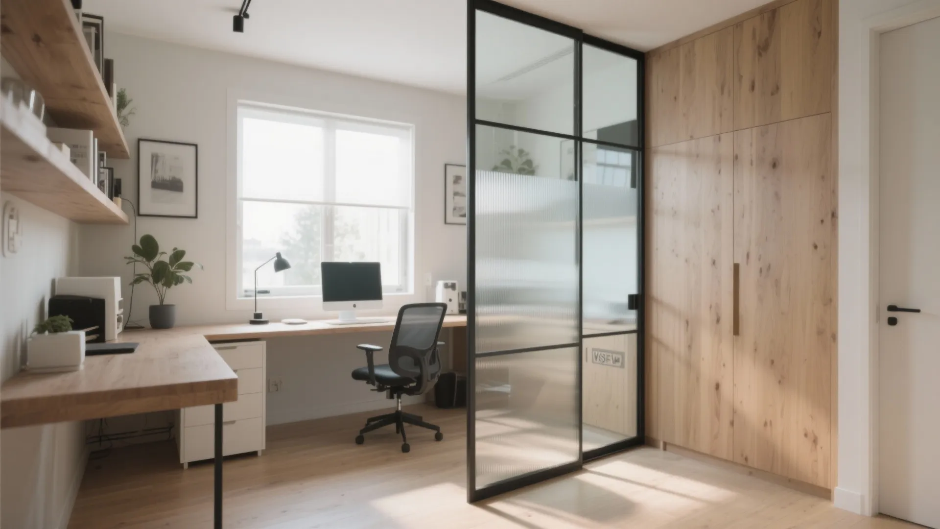 Modern home office with wooden desk black chair and glass partition next to large wooden storage