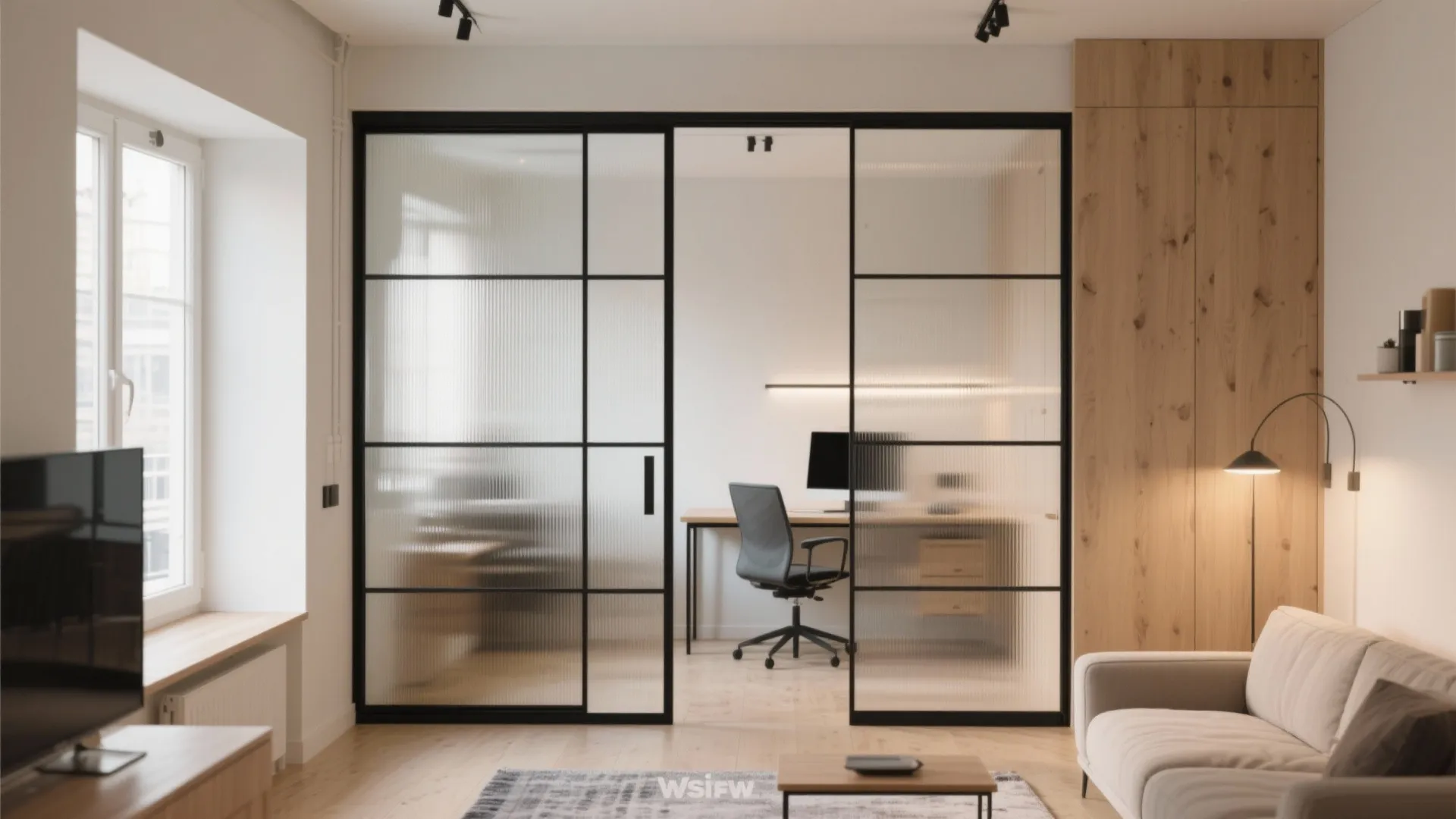 4) Glass partition or sliders for flexible zoning