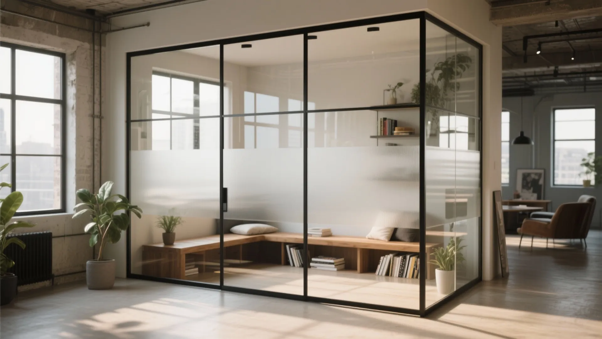 Glass partitions for preserved light and visual flow