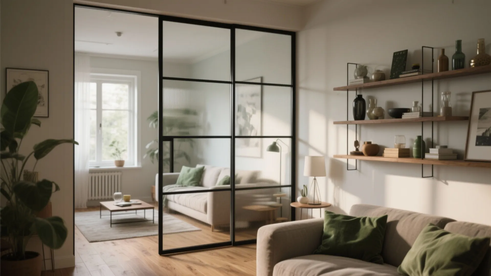 Glass partition or open shelving to maintain openness