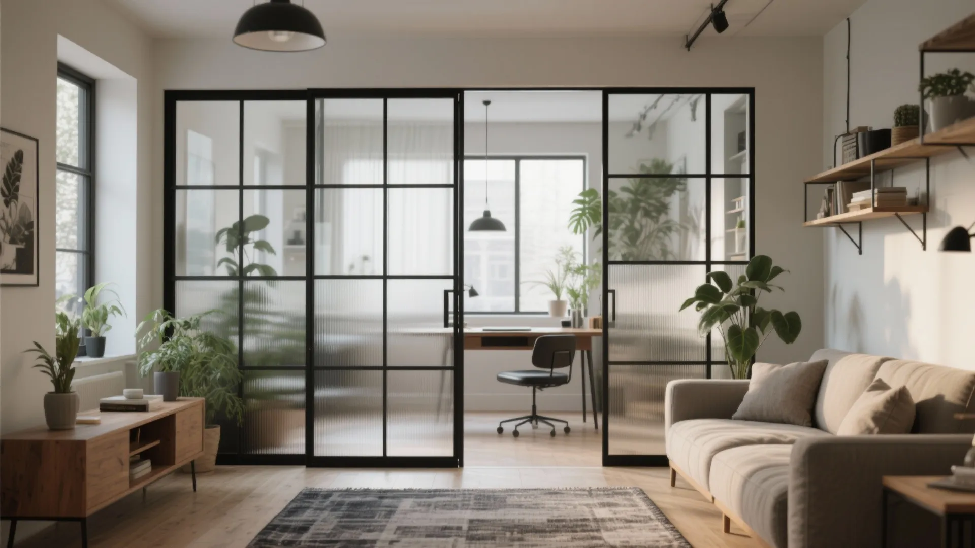 Small living room with a slim-framed glass partition separating the sofa and workspace while preserving light.