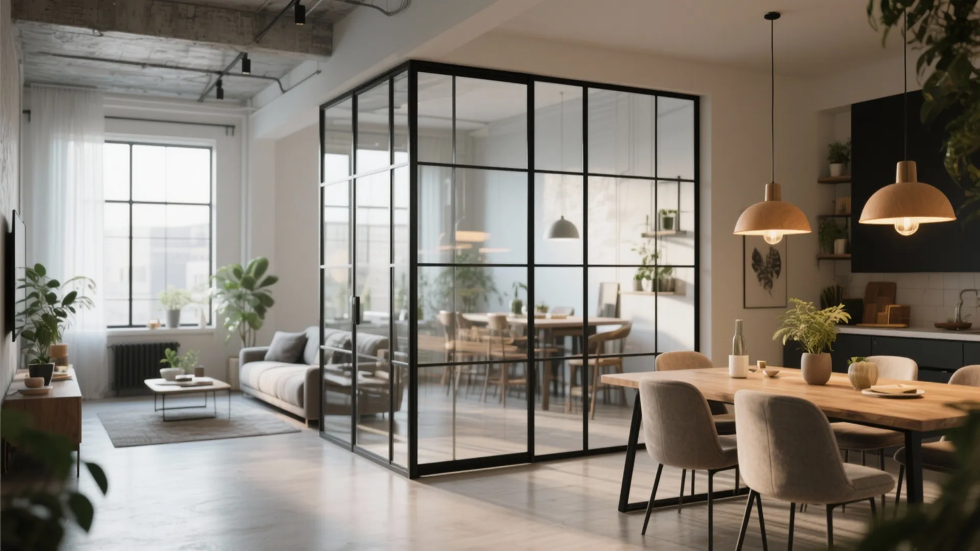 Open plan interior with black glass partition wall separating living room from wooden dining table area