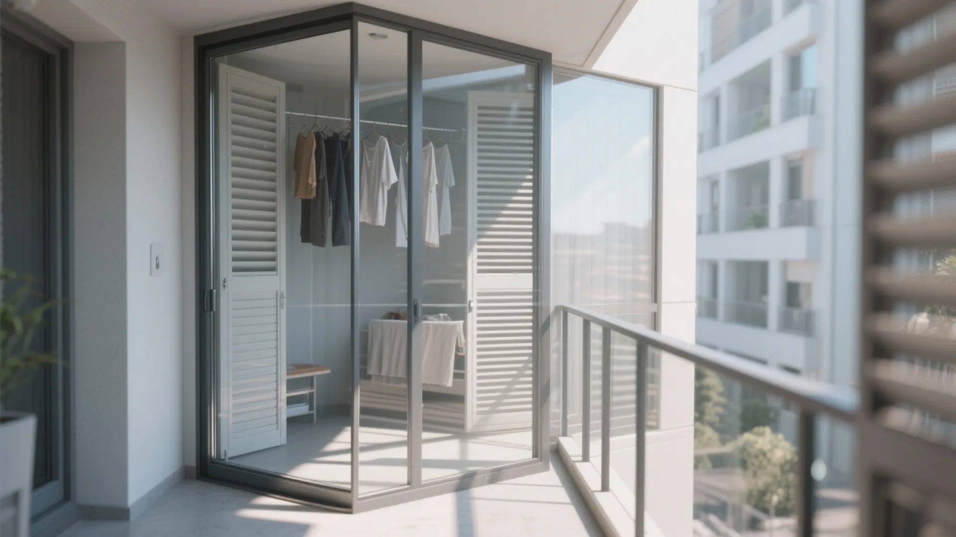 Apartment balcony with glass doors enclosing a drying area with hanging clothes and white cabinets